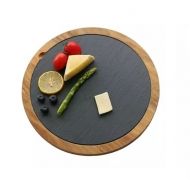 Блюдо для подачи круг. d=30 см. сланец, на деревянной подставке MG /1/